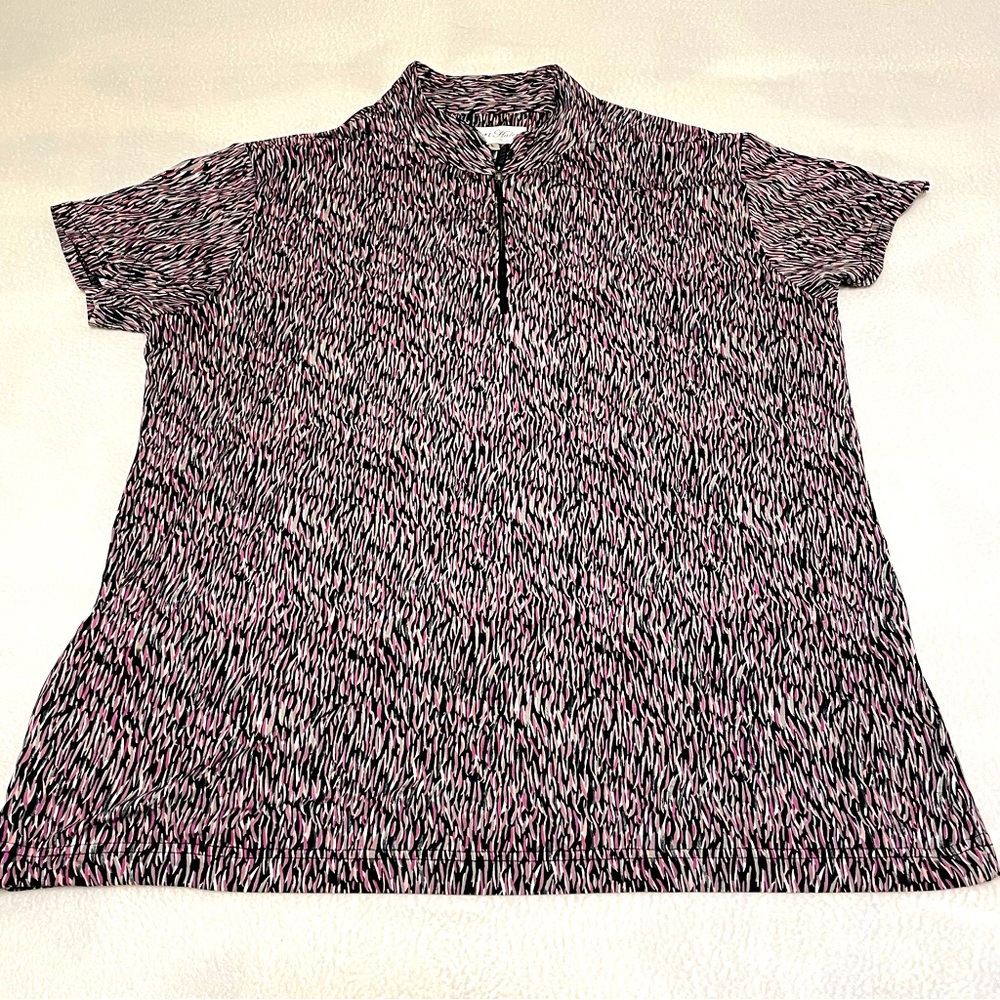 Sport Haley Pink & Black Abstract Print Short Sleeve Zip Polo Golf Shirt Size L